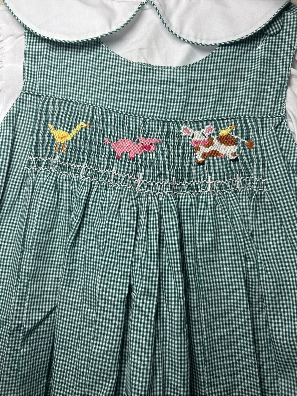 Amanda Remembered Girls 6X Green Gingham Smocked Cow Dress w/ White Blouse
